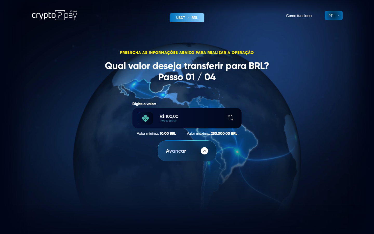 Step 1 do wizard crypto2pay com valor R$100 preenchido